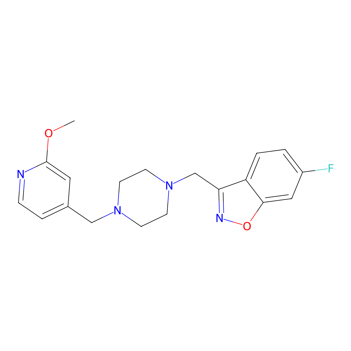 6-Fluoro-3-({4-[(2-methoxypyridin-4-yl)methyl]piperazin-1-yl}methyl)-1,2-benzoxazole molecular structure, CAS 3030816-14-6