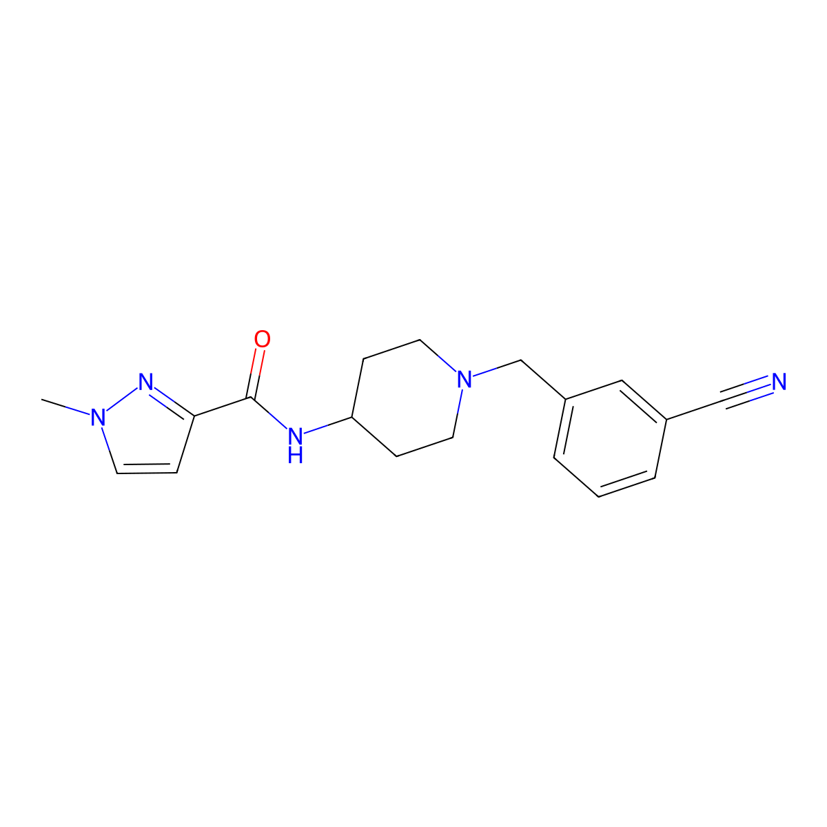 N-{1-[(3-cyanophenyl)methyl]piperidin-4-yl}-1-methyl-1H-pyrazole-3-carboxamide molecular structure, CAS 3030816-22-6