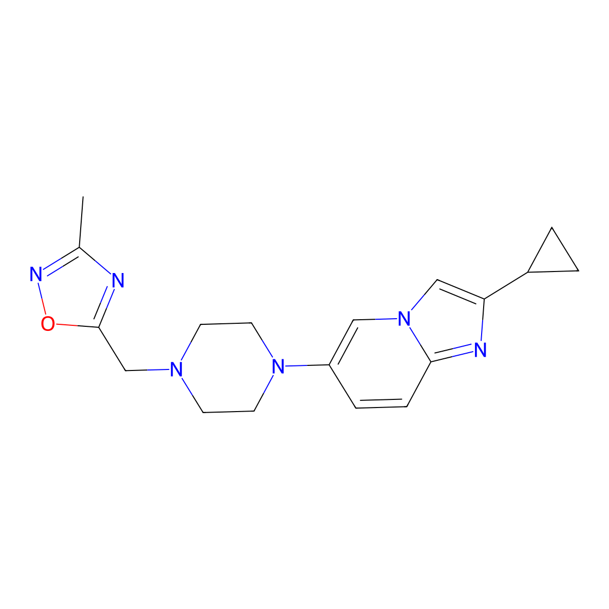 1-{2-Cyclopropylimidazo[1,2-a]pyridin-6-yl}-4-[(3-methyl-1,2,4-oxadiazol-5-yl)methyl]piperazine molecular structure, CAS 3030816-54-4