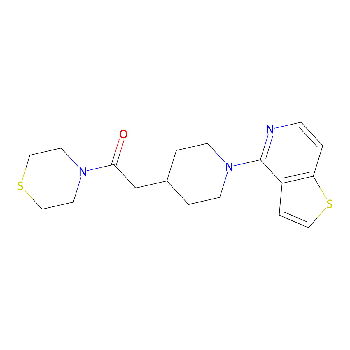 2-(1-{Thieno[3,2-c]pyridin-4-yl}piperidin-4-yl)-1-(thiomorpholin-4-yl)ethan-1-one molecular structure, CAS 3030816-88-4