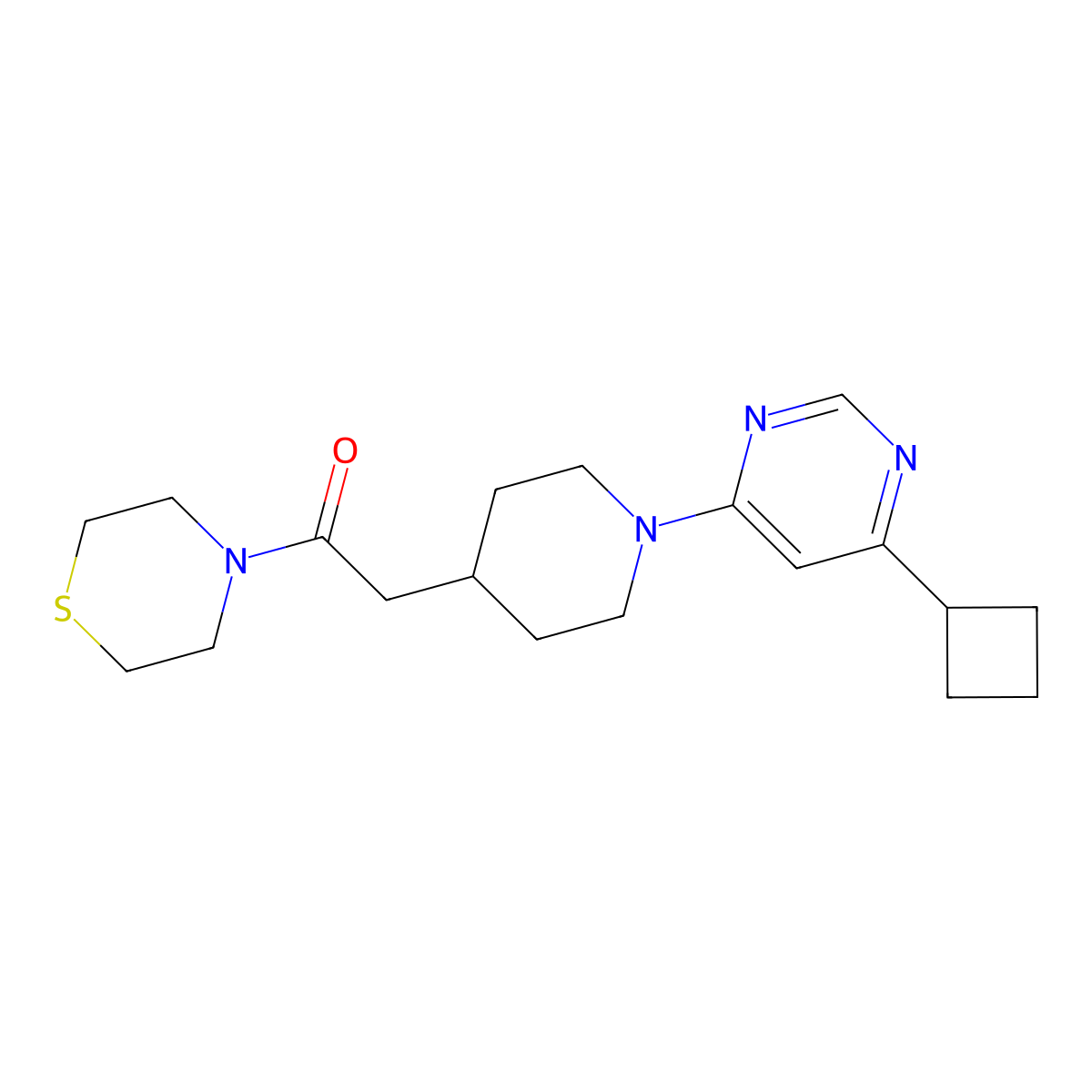 2-[1-(6-Cyclobutylpyrimidin-4-yl)piperidin-4-yl]-1-(thiomorpholin-4-yl)ethan-1-one molecular structure, CAS 3030816-96-4