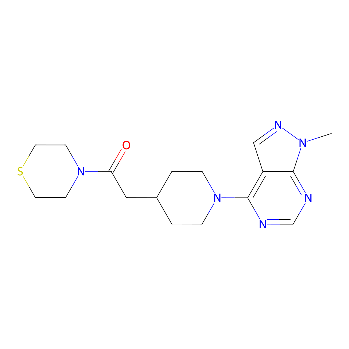 2-(1-{1-methyl-1H-pyrazolo[3,4-d]pyrimidin-4-yl}piperidin-4-yl)-1-(thiomorpholin-4-yl)ethan-1-one molecular structure, CAS 3030817-06-9