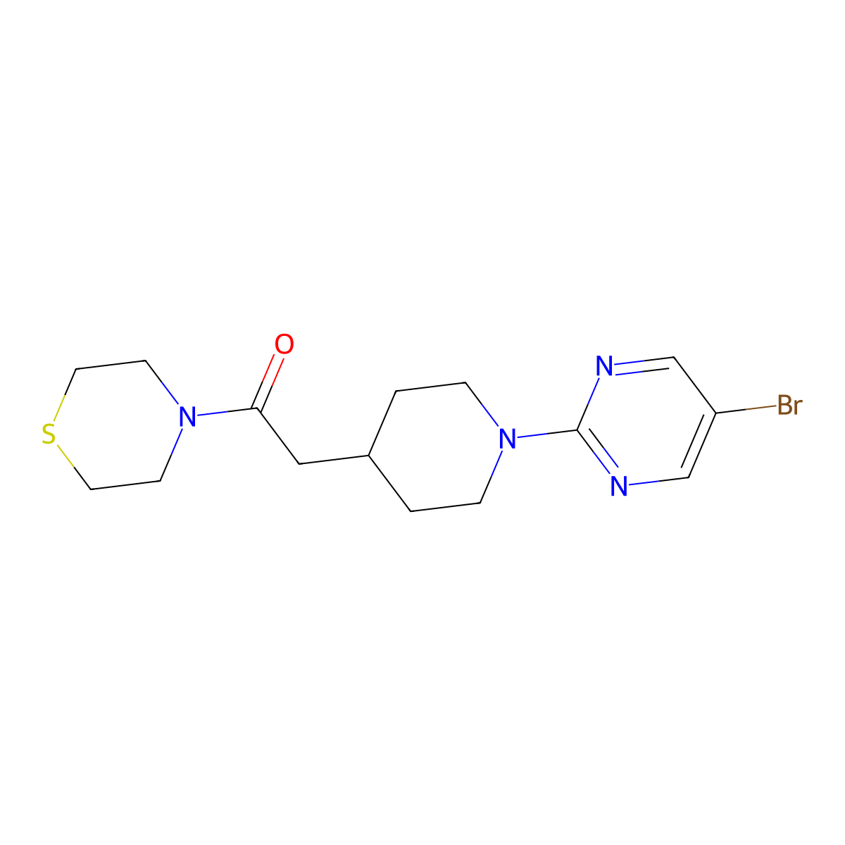2-[1-(5-Bromopyrimidin-2-yl)piperidin-4-yl]-1-(thiomorpholin-4-yl)ethan-1-one molecular structure, CAS 3030817-21-8
