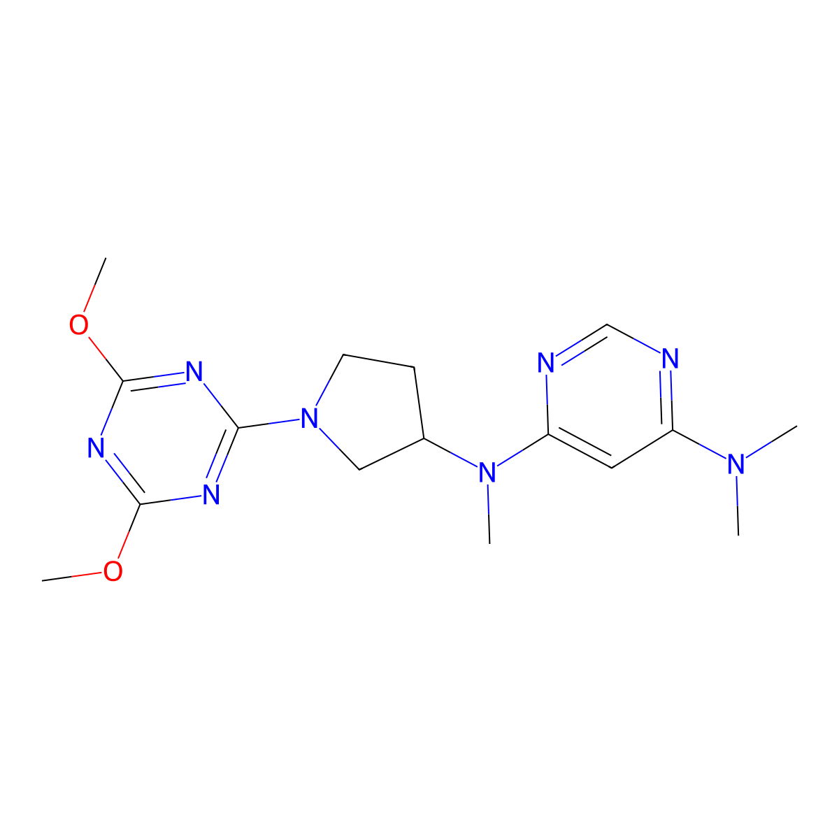 N4-[1-(4,6-dimethoxy-1,3,5-triazin-2-yl)pyrrolidin-3-yl]-N4,N6,N6-trimethylpyrimidine-4,6-diamine molecular structure, CAS 3030817-23-0