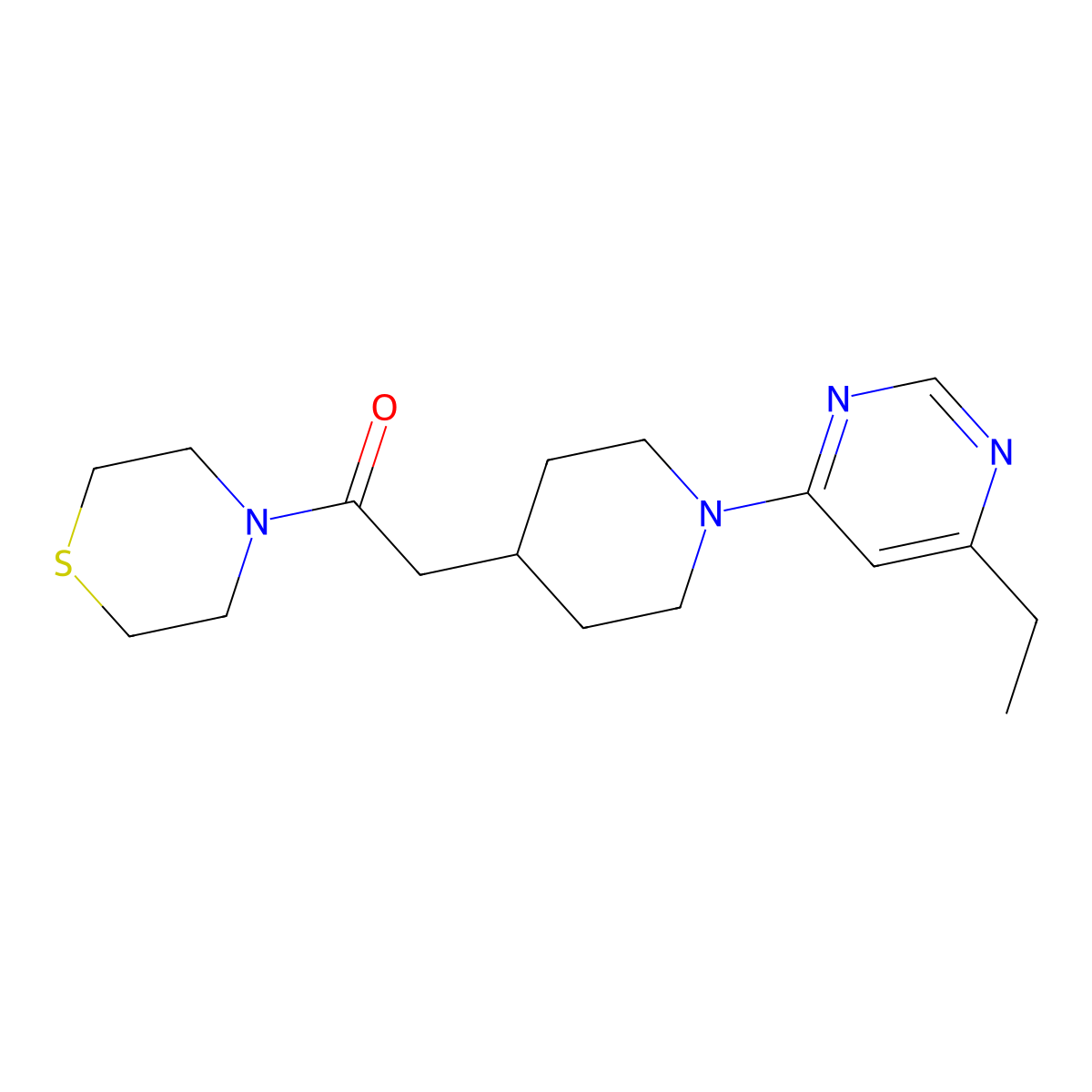 2-[1-(6-Ethylpyrimidin-4-yl)piperidin-4-yl]-1-(thiomorpholin-4-yl)ethan-1-one molecular structure, CAS 3030817-29-6