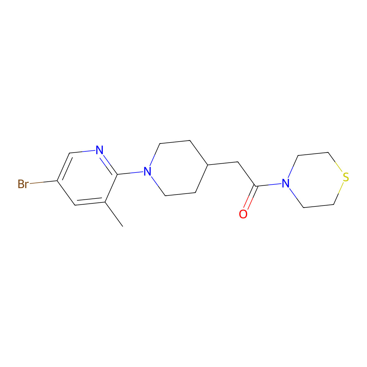 2-[1-(5-Bromo-3-methylpyridin-2-yl)piperidin-4-yl]-1-(thiomorpholin-4-yl)ethan-1-one molecular structure, CAS 3030817-36-5