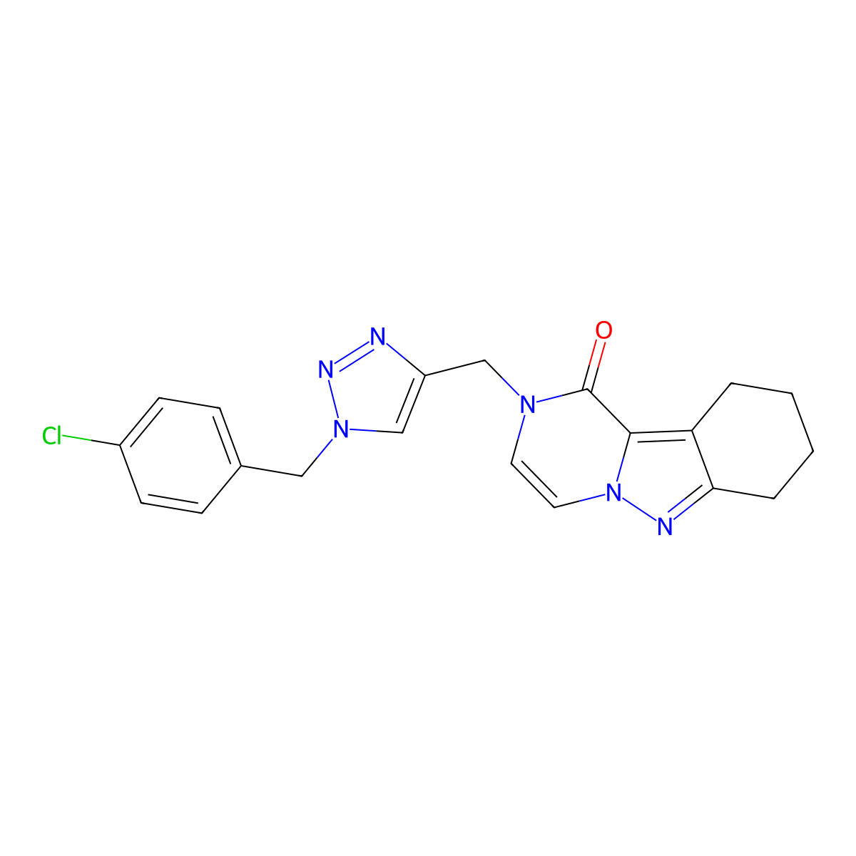 2-({1-[(4-chlorophenyl)methyl]-1H-1,2,3-triazol-4-yl}methyl)-1H,2H,7H,8H,9H,10H-pyrazino[1,2-b]indazol-1-one molecular structure, CAS 3030817-41-2