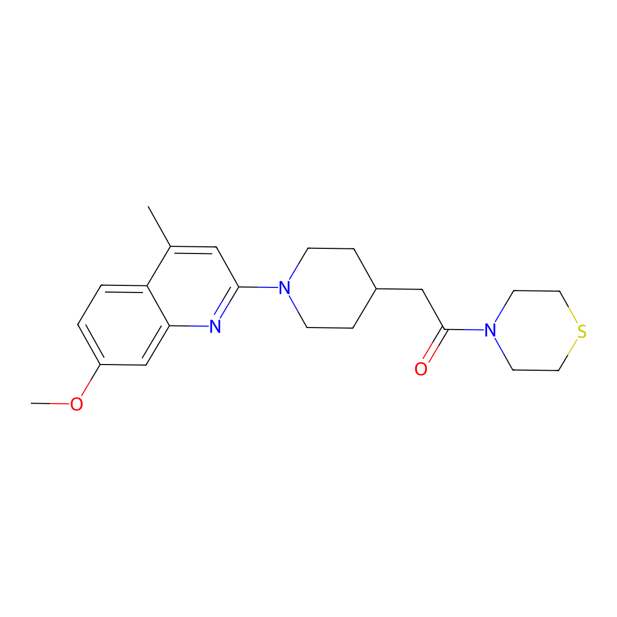 2-[1-(7-Methoxy-4-methylquinolin-2-yl)piperidin-4-yl]-1-(thiomorpholin-4-yl)ethan-1-one molecular structure, CAS 3030817-48-9