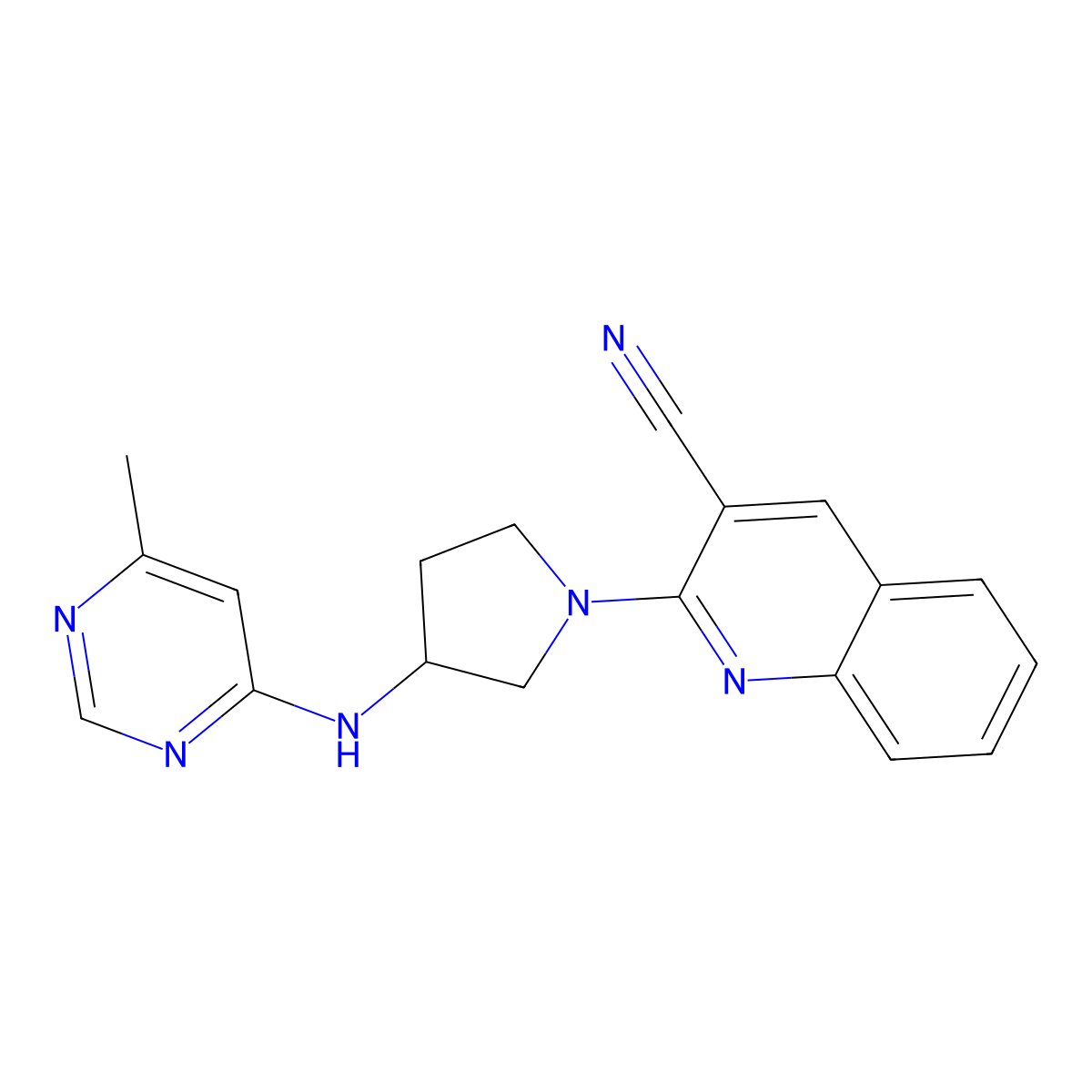 2-{3-[(6-Methylpyrimidin-4-yl)amino]pyrrolidin-1-yl}quinoline-3-carbonitrile molecular structure, CAS 3030817-80-9