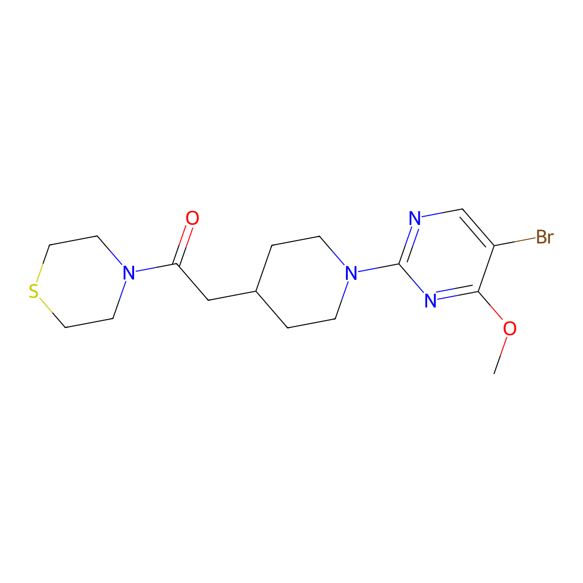 2-[1-(5-Bromo-4-methoxypyrimidin-2-yl)piperidin-4-yl]-1-(thiomorpholin-4-yl)ethan-1-one molecular structure, CAS 3030817-88-7