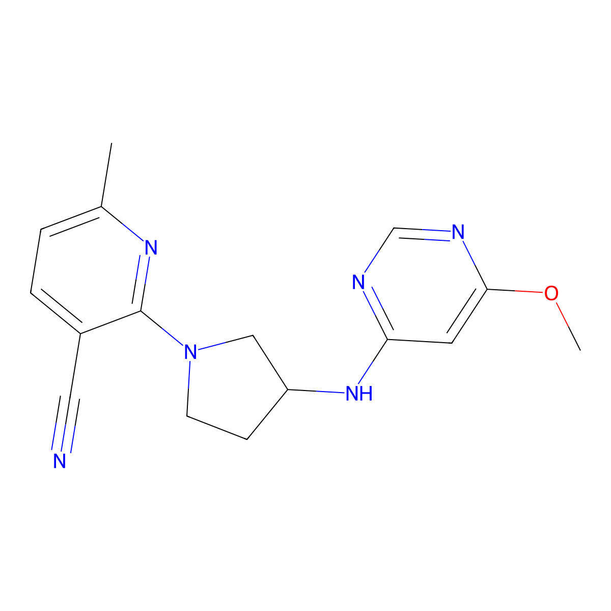 2-{3-[(6-Methoxypyrimidin-4-yl)amino]pyrrolidin-1-yl}-6-methylpyridine-3-carbonitrile molecular structure, CAS 3030818-84-6
