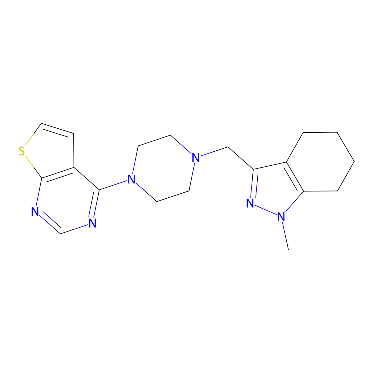 1-methyl-3-[(4-{thieno[2,3-d]pyrimidin-4-yl}piperazin-1-yl)methyl]-4,5,6,7-tetrahydro-1H-indazole molecular structure, CAS 3030818-90-4