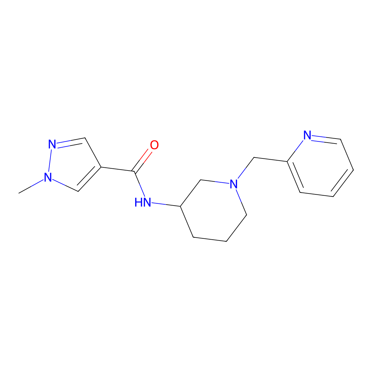 1-methyl-N-{1-[(pyridin-2-yl)methyl]piperidin-3-yl}-1H-pyrazole-4-carboxamide molecular structure, CAS 3030818-91-5