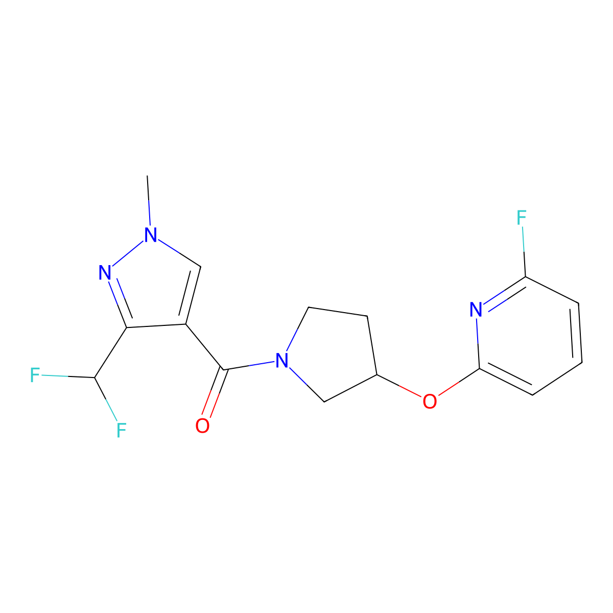 2-({1-[3-(difluoromethyl)-1-methyl-1H-pyrazole-4-carbonyl]pyrrolidin-3-yl}oxy)-6-fluoropyridine molecular structure, CAS 3030818-98-2
