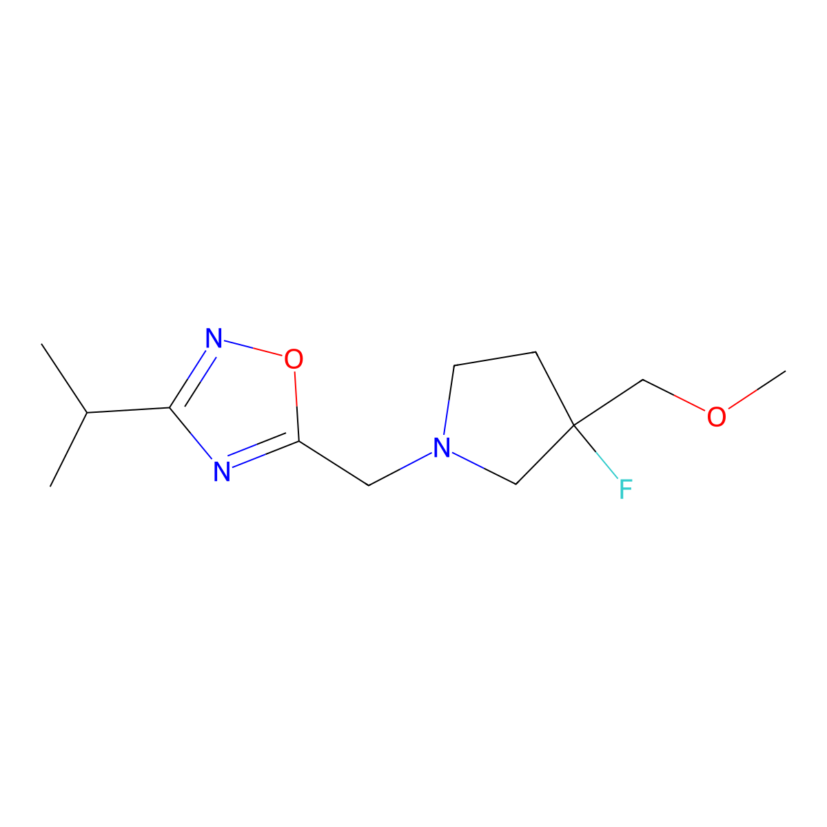 5-{[3-Fluoro-3-(methoxymethyl)pyrrolidin-1-yl]methyl}-3-(propan-2-yl)-1,2,4-oxadiazole molecular structure, CAS 3030819-16-7