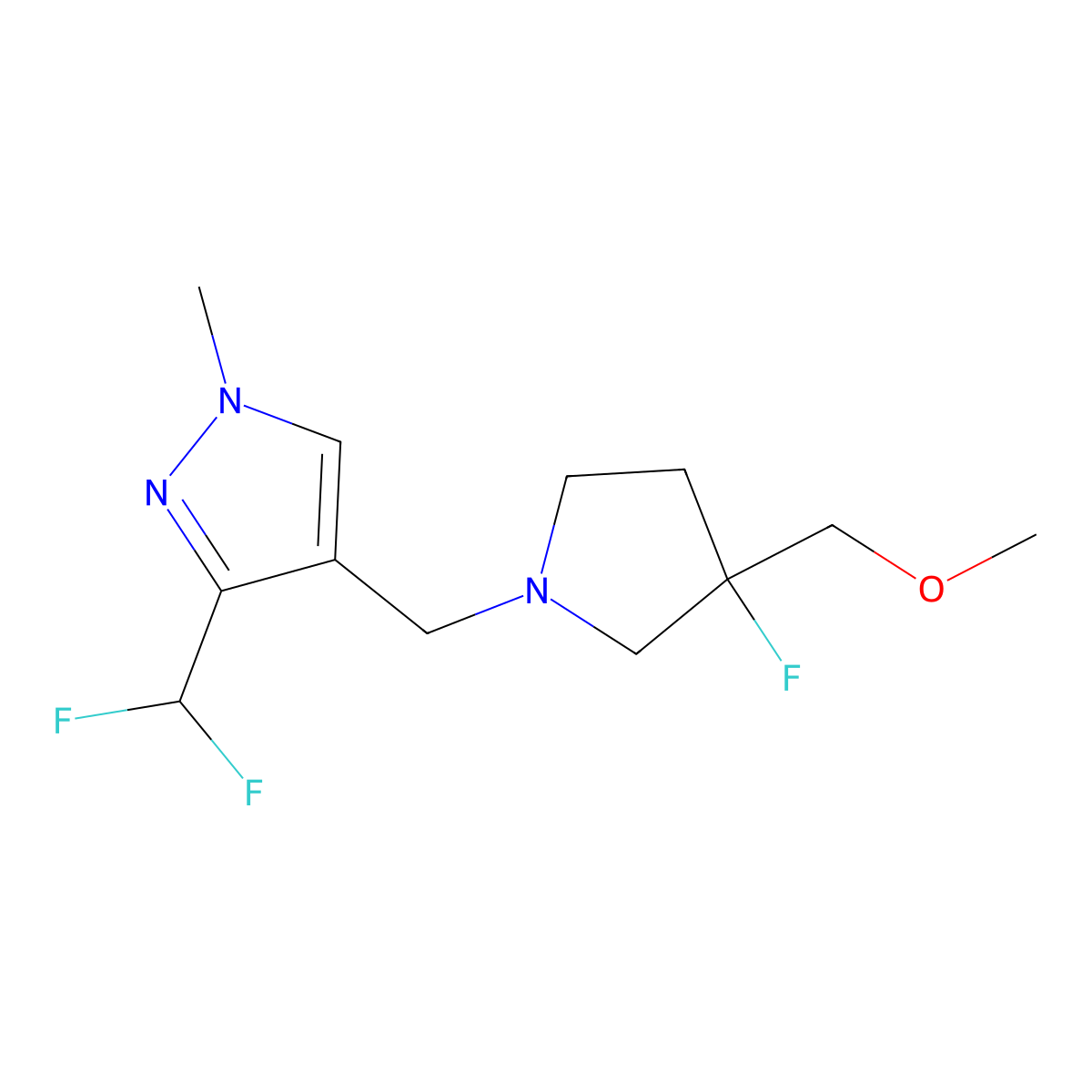 3-(difluoromethyl)-4-{[3-fluoro-3-(methoxymethyl)pyrrolidin-1-yl]methyl}-1-methyl-1H-pyrazole molecular structure, CAS 3030819-19-0