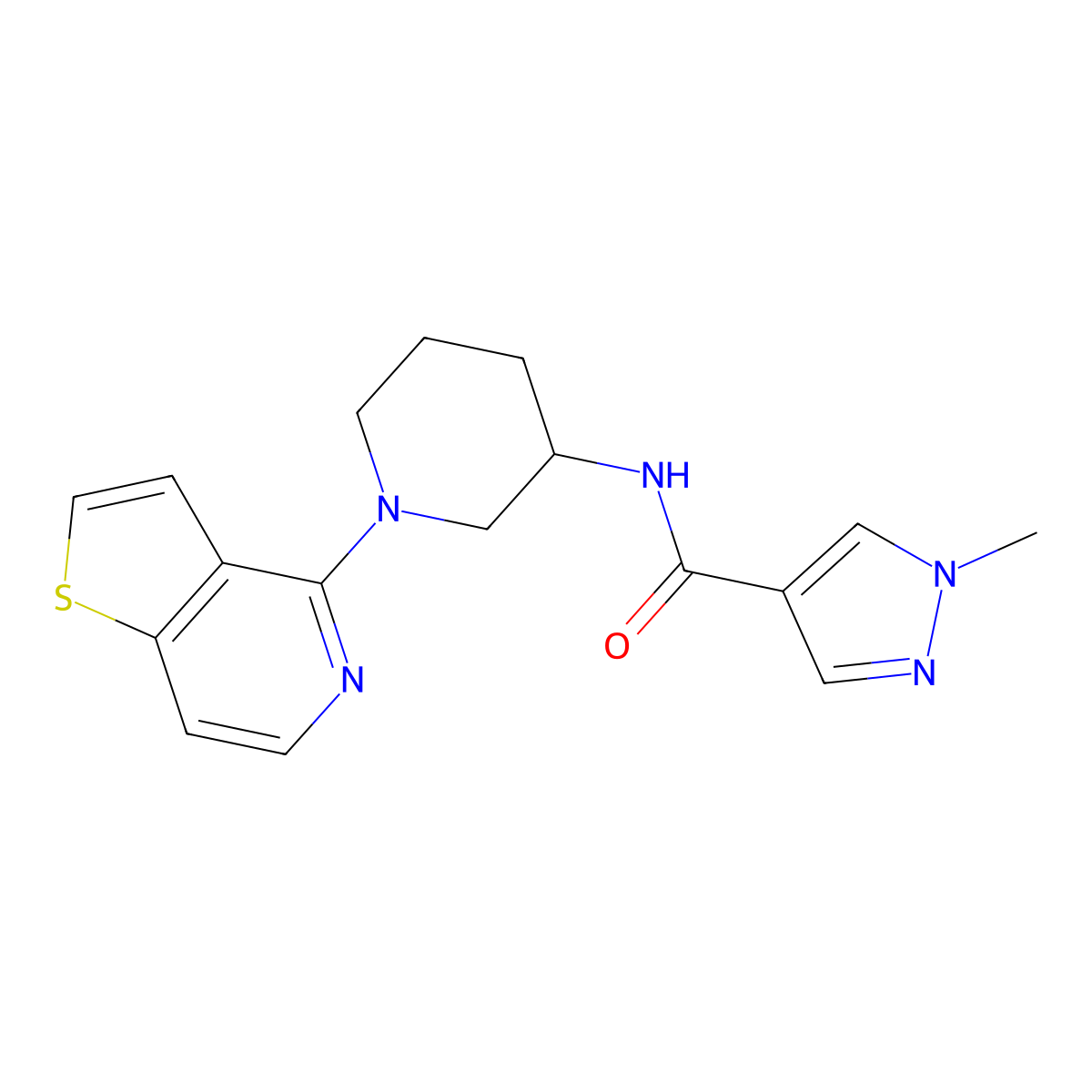 1-methyl-N-(1-{thieno[3,2-c]pyridin-4-yl}piperidin-3-yl)-1H-pyrazole-4-carboxamide molecular structure, CAS 3030819-86-1