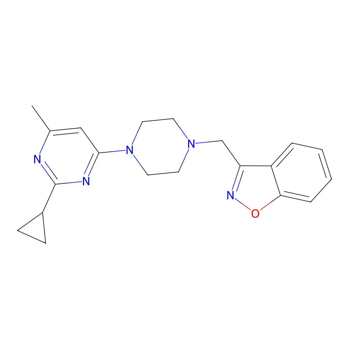 3-{[4-(2-Cyclopropyl-6-methylpyrimidin-4-yl)piperazin-1-yl]methyl}-1,2-benzoxazole molecular structure, CAS 3030819-88-3