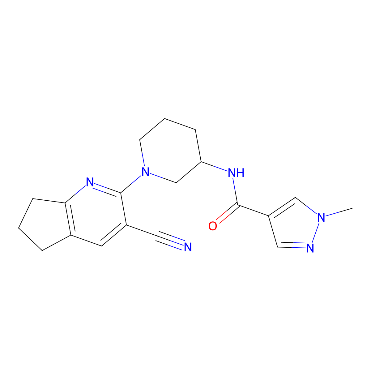 N-(1-{3-cyano-5H,6H,7H-cyclopenta[b]pyridin-2-yl}piperidin-3-yl)-1-methyl-1H-pyrazole-4-carboxamide molecular structure, CAS 3030819-90-7