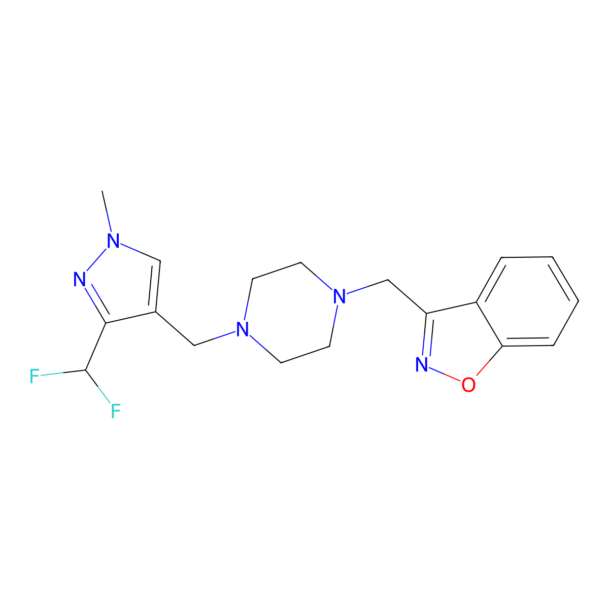 3-[(4-{[3-(difluoromethyl)-1-methyl-1H-pyrazol-4-yl]methyl}piperazin-1-yl)methyl]-1,2-benzoxazole molecular structure, CAS 3030820-07-3