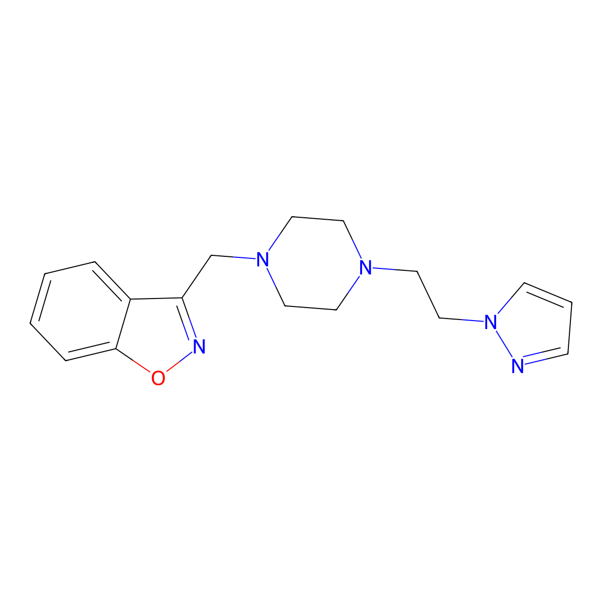 3-({4-[2-(1H-pyrazol-1-yl)ethyl]piperazin-1-yl}methyl)-1,2-benzoxazole molecular structure, CAS 3030820-09-5
