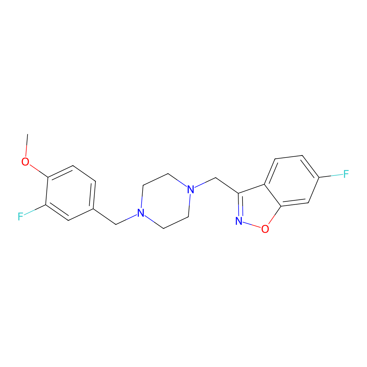 6-Fluoro-3-[[4-[(3-fluoro-4-methoxyphenyl)methyl]piperazin-1-yl]methyl]-1,2-benzoxazole molecular structure, CAS 3030820-13-1