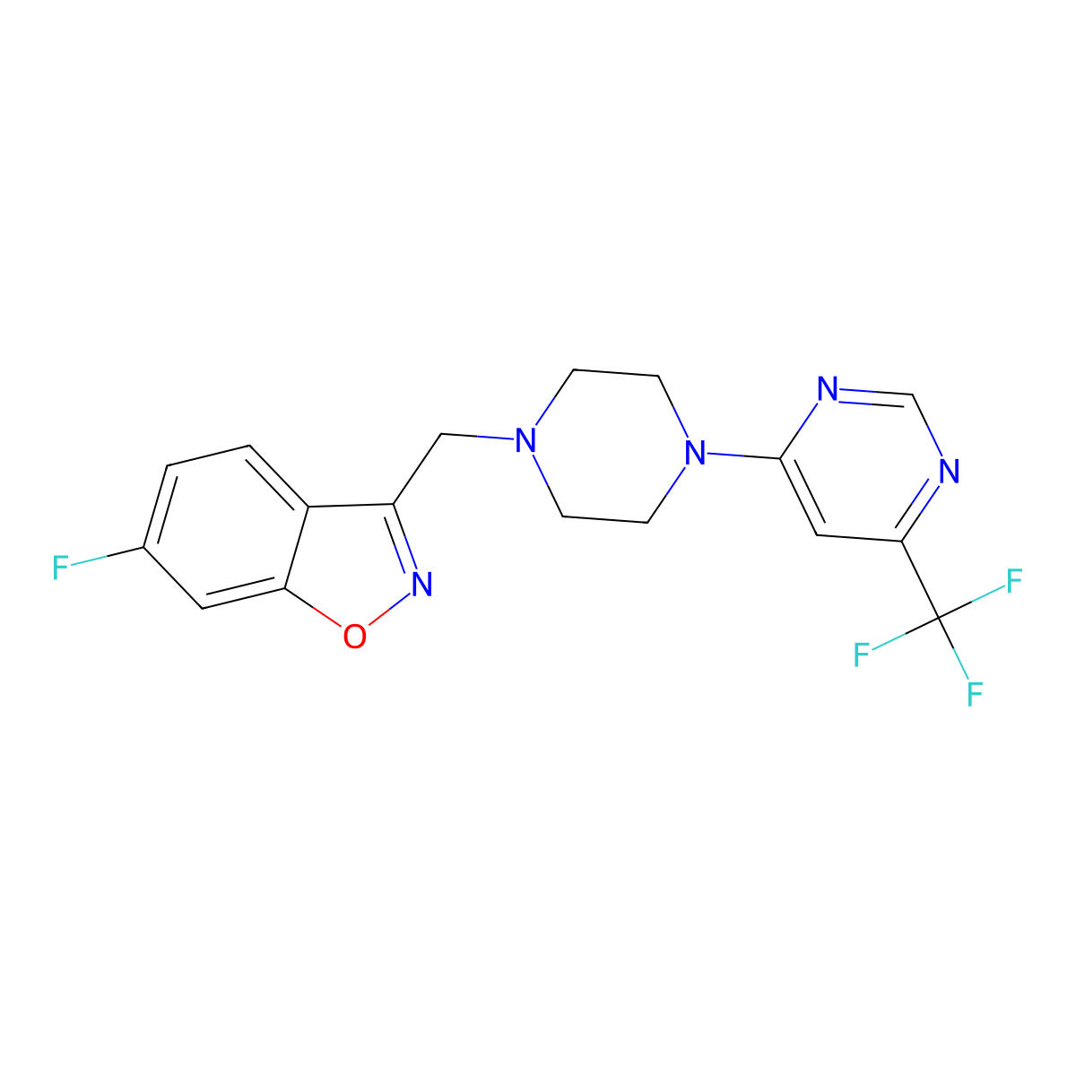 6-Fluoro-3-({4-[6-(trifluoromethyl)pyrimidin-4-yl]piperazin-1-yl}methyl)-1,2-benzoxazole molecular structure, CAS 3030820-15-3