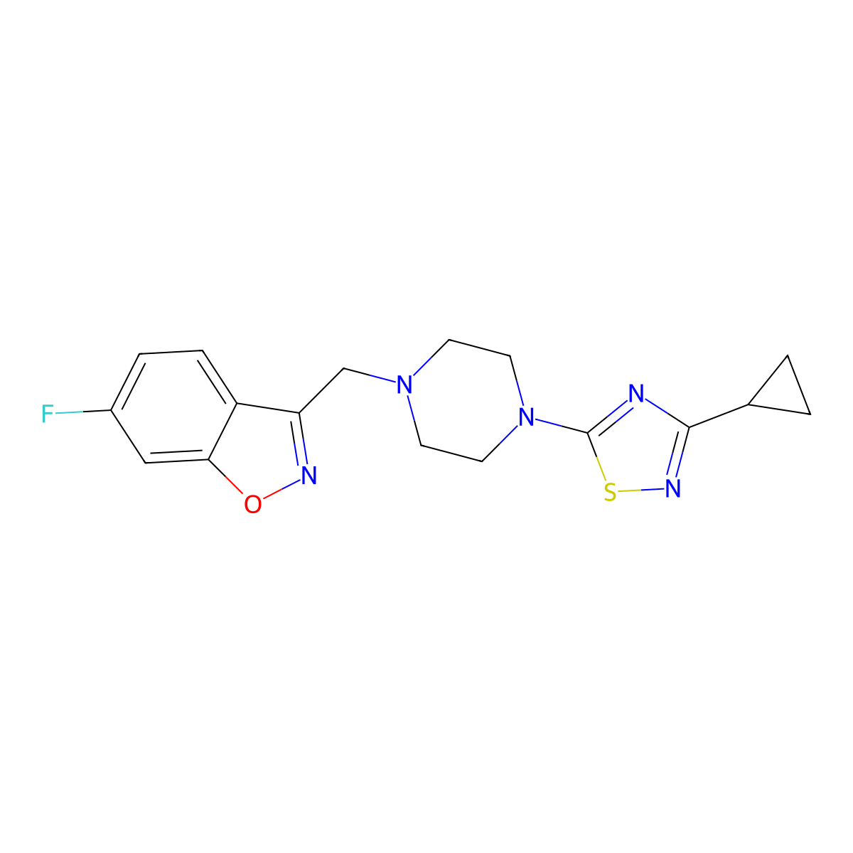 3-{[4-(3-Cyclopropyl-1,2,4-thiadiazol-5-yl)piperazin-1-yl]methyl}-6-fluoro-1,2-benzoxazole molecular structure, CAS 3030820-20-0
