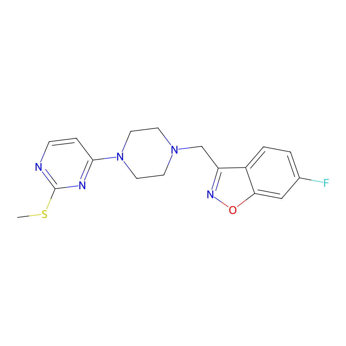 6-Fluoro-3-({4-[2-(methylsulfanyl)pyrimidin-4-yl]piperazin-1-yl}methyl)-1,2-benzoxazole molecular structure, CAS 3030820-26-6