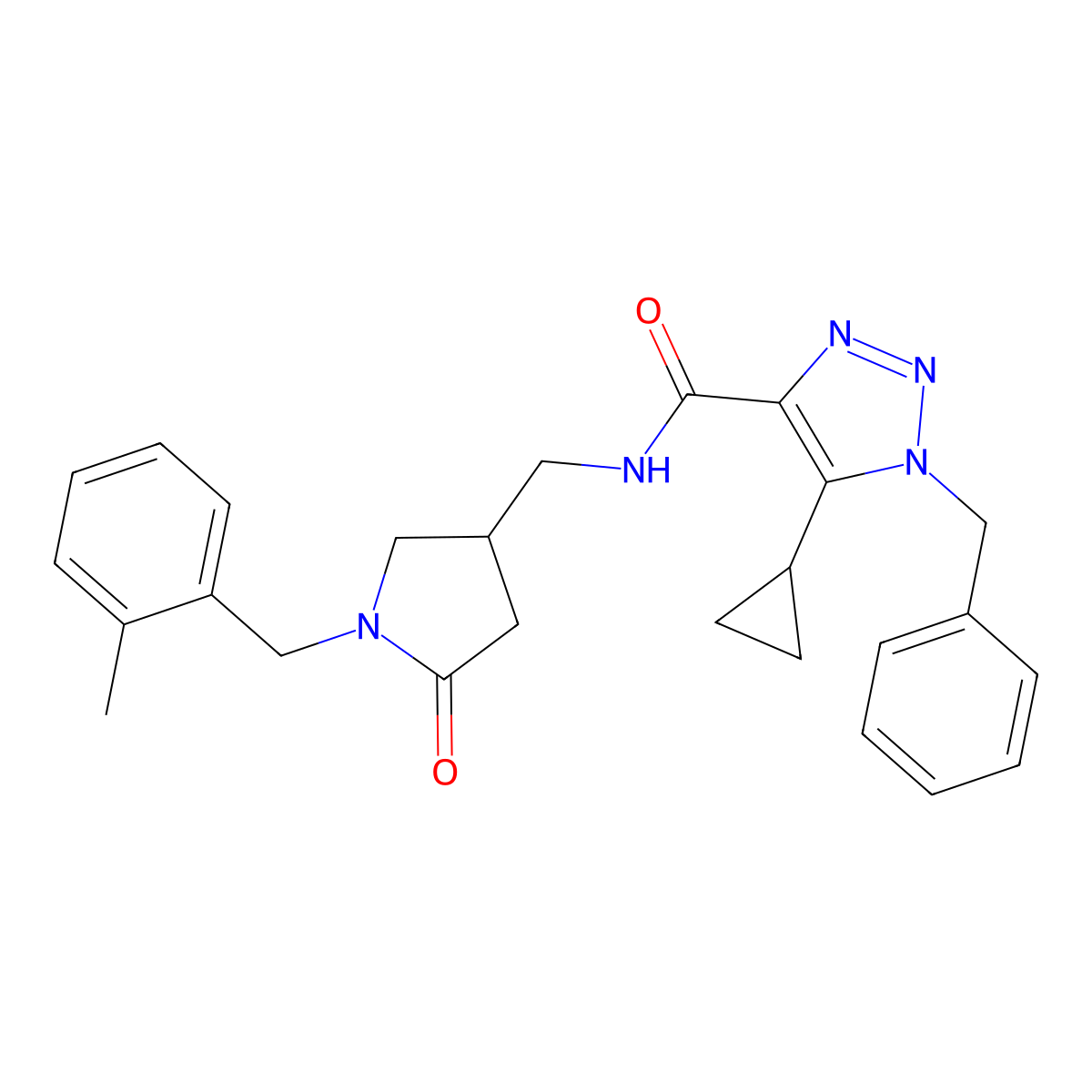 1-benzyl-5-cyclopropyl-N-({1-[(2-methylphenyl)methyl]-5-oxopyrrolidin-3-yl}methyl)-1H-1,2,3-triazole-4-carboxamide molecular structure, CAS 3030821-60-1