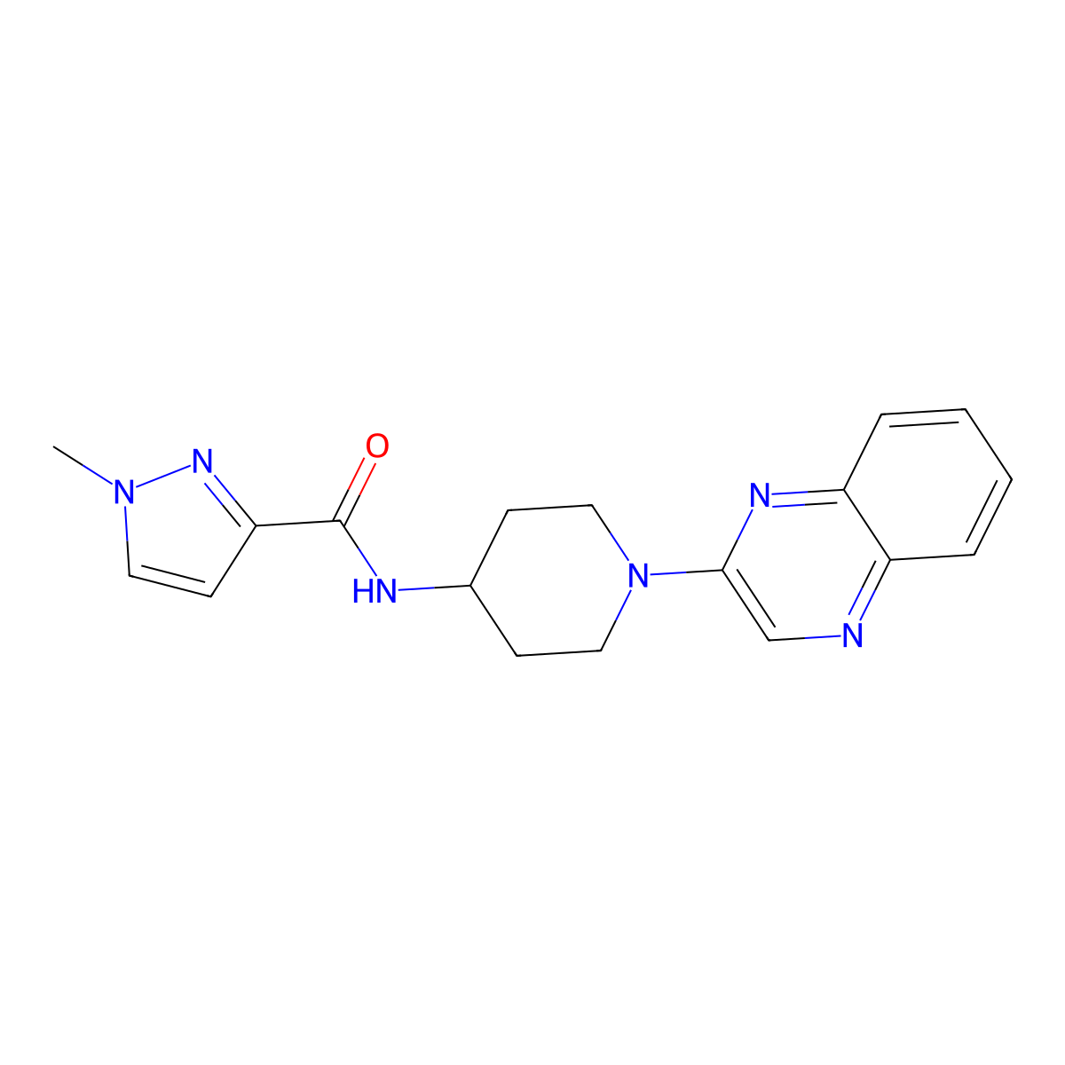 1-methyl-N-[1-(quinoxalin-2-yl)piperidin-4-yl]-1H-pyrazole-3-carboxamide molecular structure, CAS 3030821-61-2