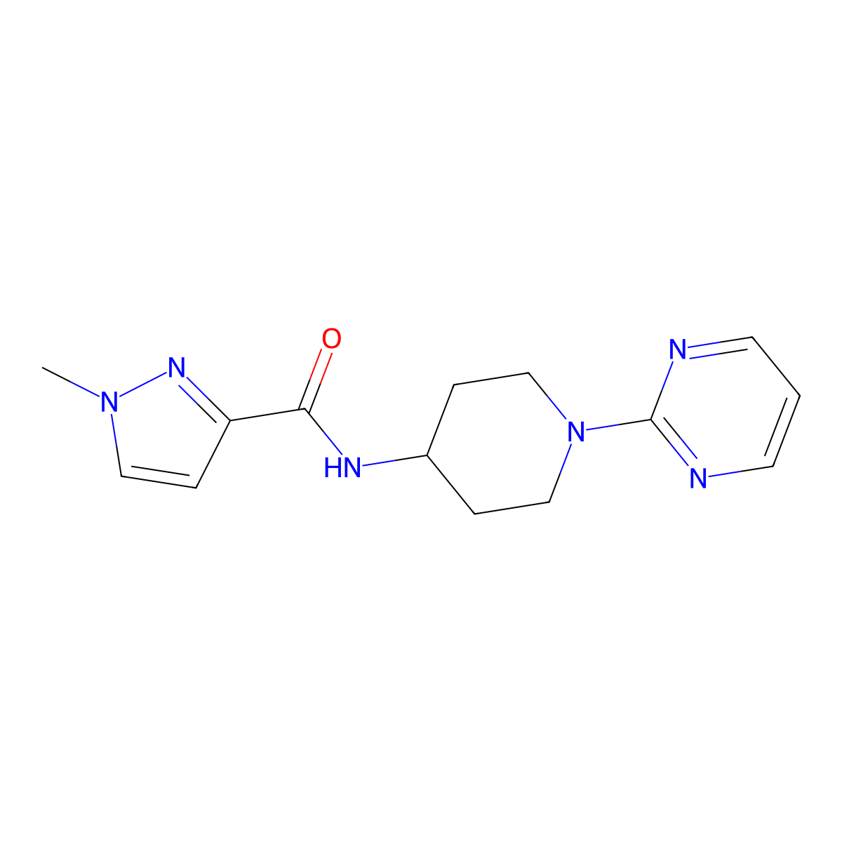 1-methyl-N-[1-(pyrimidin-2-yl)piperidin-4-yl]-1H-pyrazole-3-carboxamide molecular structure, CAS 3030821-79-2