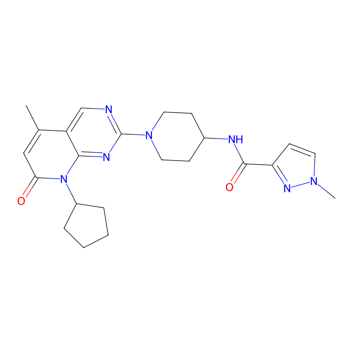 N-(1-{8-cyclopentyl-5-methyl-7-oxo-7H,8H-pyrido[2,3-d]pyrimidin-2-yl}piperidin-4-yl)-1-methyl-1H-pyrazole-3-carboxamide molecular structure, CAS 3030821-93-0