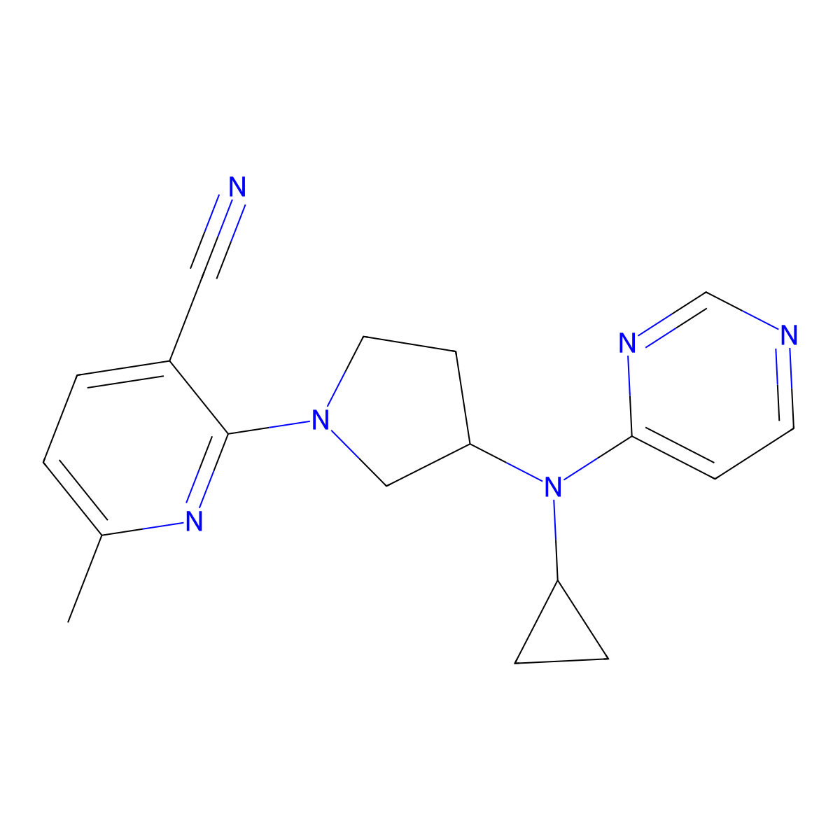 2-{3-[Cyclopropyl(pyrimidin-4-yl)amino]pyrrolidin-1-yl}-6-methylpyridine-3-carbonitrile molecular structure, CAS 3030822-27-3