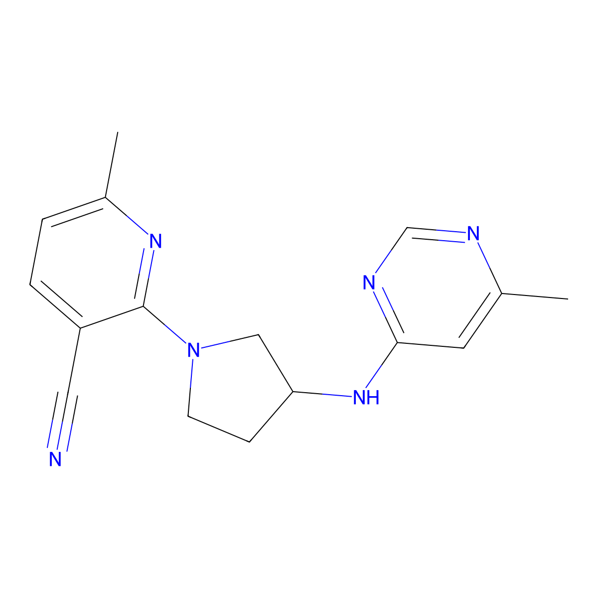 6-Methyl-2-{3-[(6-methylpyrimidin-4-yl)amino]pyrrolidin-1-yl}pyridine-3-carbonitrile molecular structure, CAS 3030822-32-0