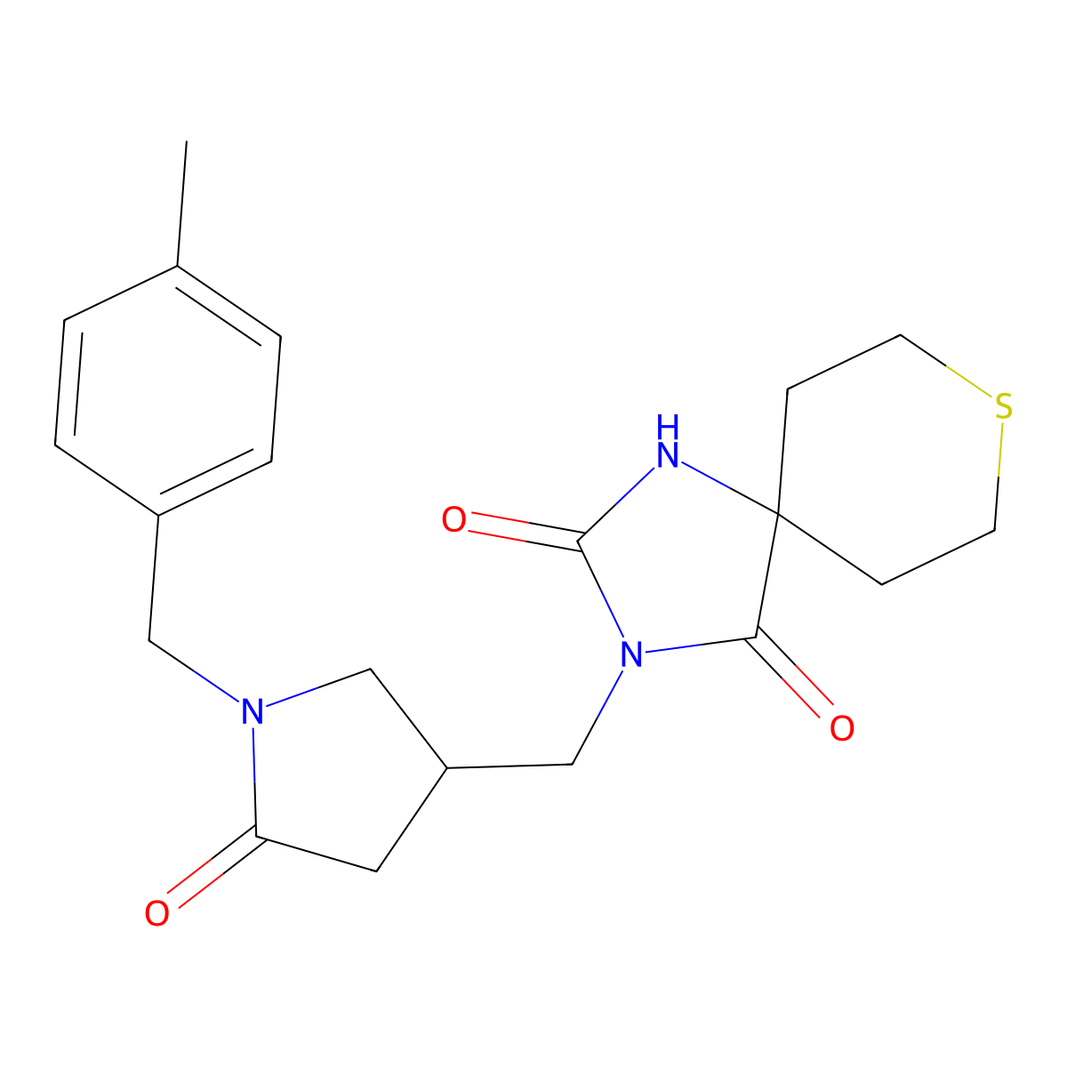 3-({1-[(4-Methylphenyl)methyl]-5-oxopyrrolidin-3-yl}methyl)-8-thia-1,3-diazaspiro[4.5]decane-2,4-dione molecular structure, CAS 3030822-35-3