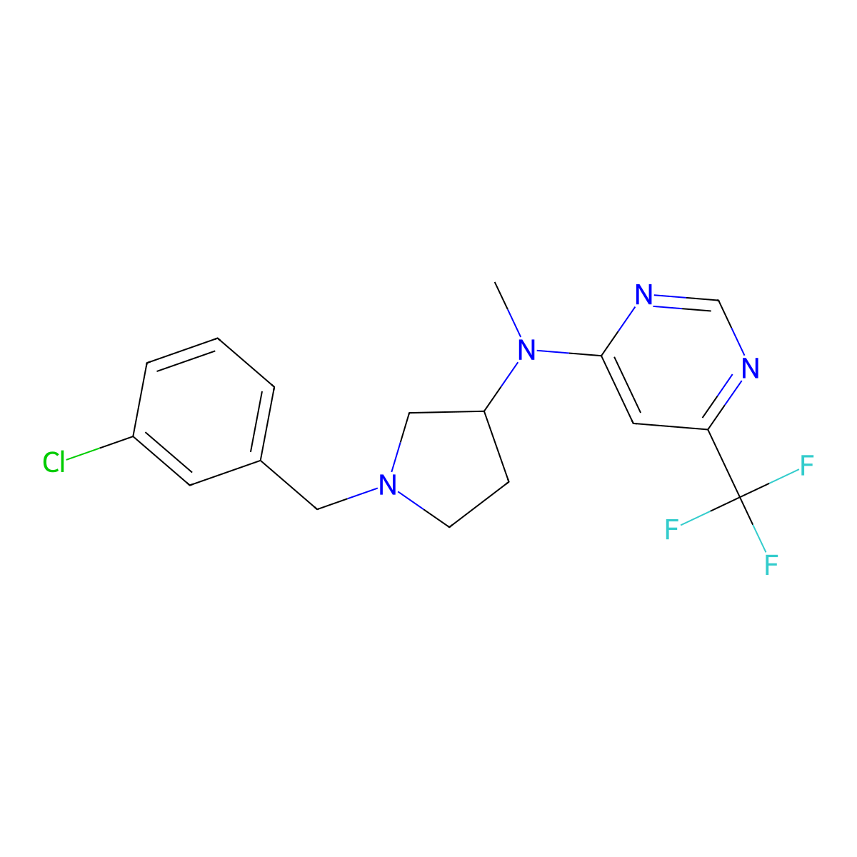 N-[1-[(3-chlorophenyl)methyl]pyrrolidin-3-yl]-N-methyl-6-(trifluoromethyl)pyrimidin-4-amine molecular structure, CAS 3030822-44-4