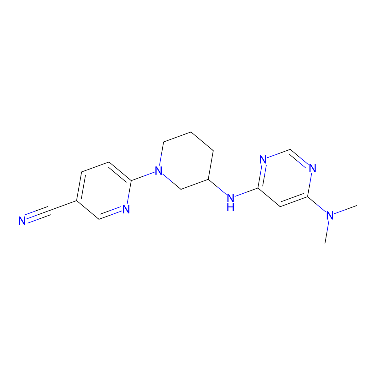 6-(3-{[6-(Dimethylamino)pyrimidin-4-yl]amino}piperidin-1-yl)pyridine-3-carbonitrile molecular structure, CAS 3030822-92-2