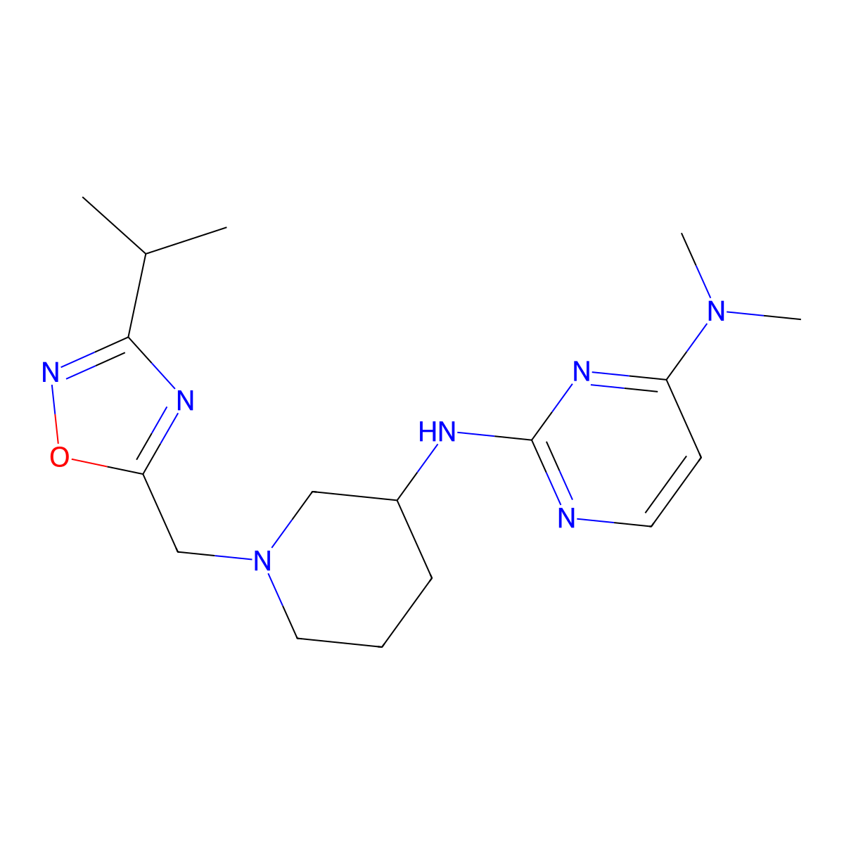 N4,N4-dimethyl-N2-(1-{[3-(propan-2-yl)-1,2,4-oxadiazol-5-yl]methyl}piperidin-3-yl)pyrimidine-2,4-diamine molecular structure, CAS 3030823-06-1
