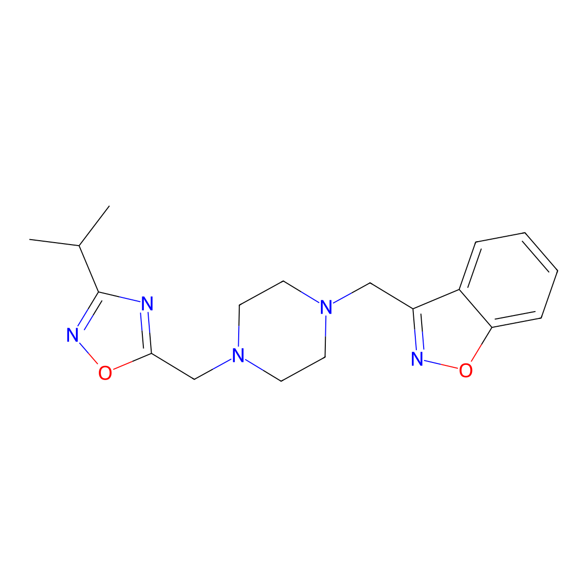 3-[(4-{[3-(Propan-2-yl)-1,2,4-oxadiazol-5-yl]methyl}piperazin-1-yl)methyl]-1,2-benzoxazole molecular structure, CAS 3030823-53-8