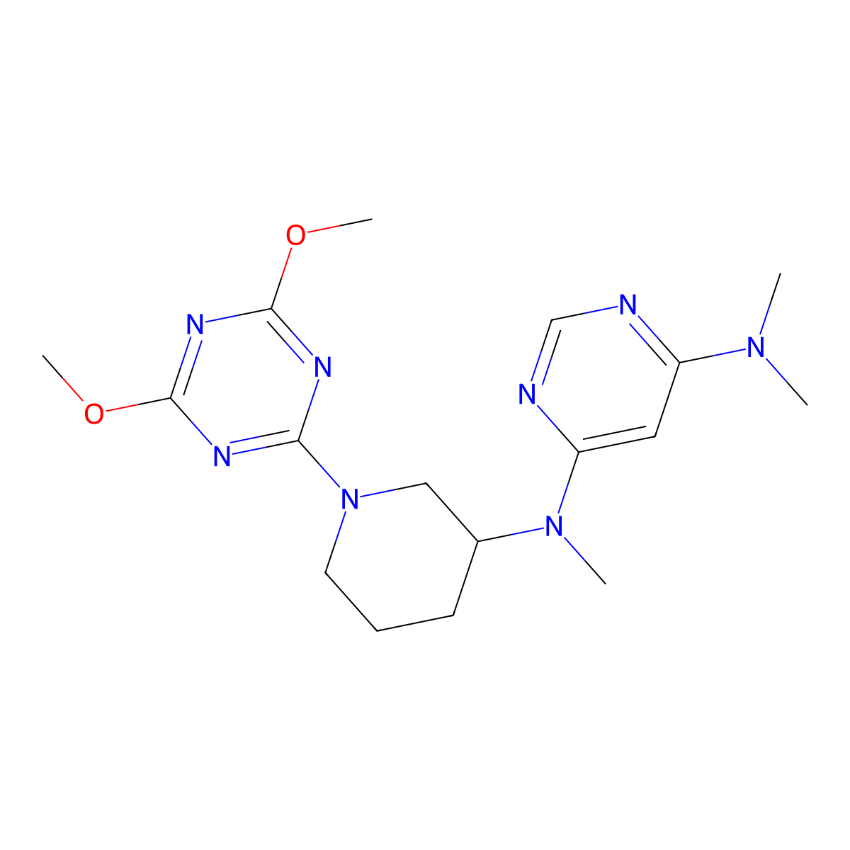 N4-[1-(4,6-dimethoxy-1,3,5-triazin-2-yl)piperidin-3-yl]-N4,N6,N6-trimethylpyrimidine-4,6-diamine molecular structure, CAS 3030823-54-9