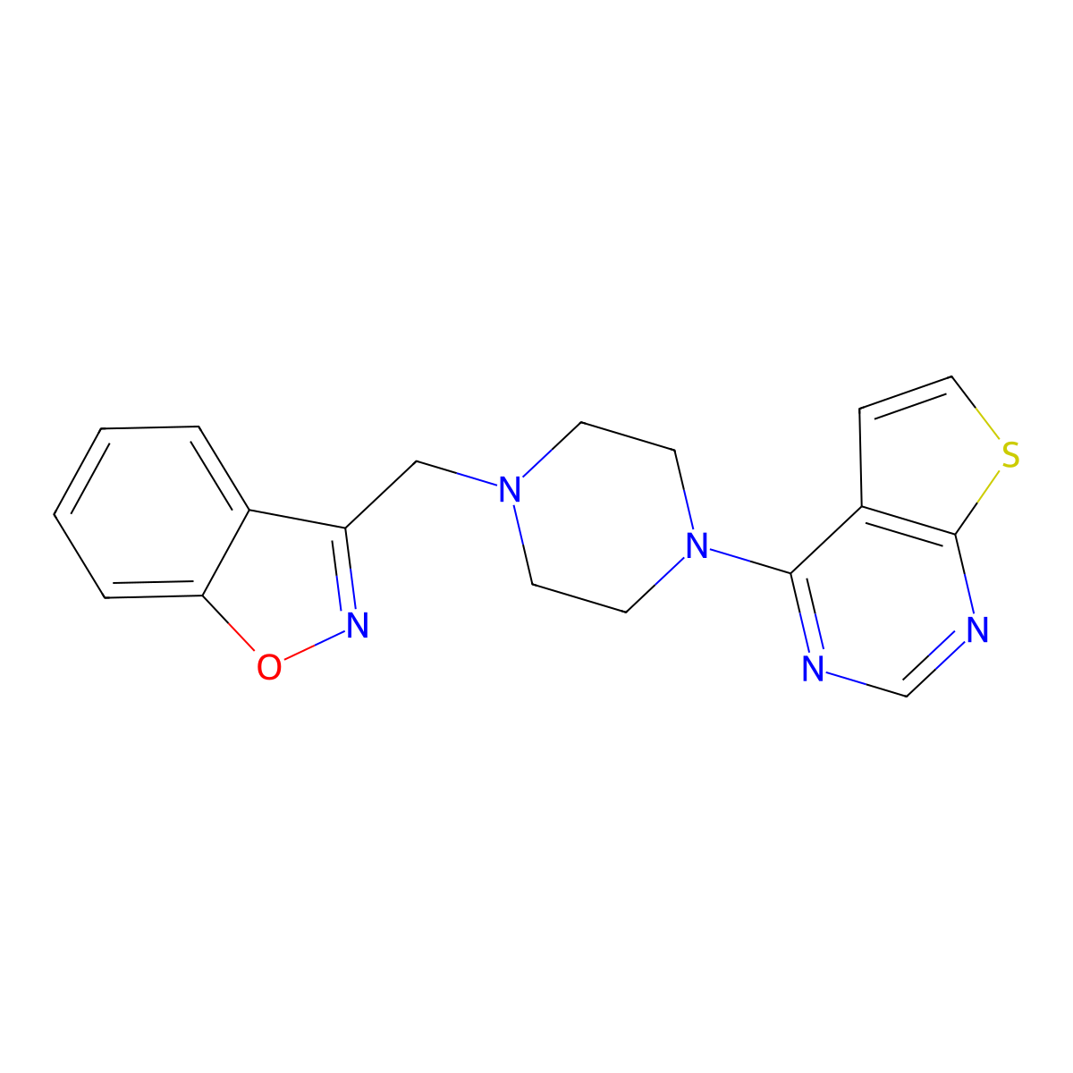 3-[(4-{Thieno[2,3-d]pyrimidin-4-yl}piperazin-1-yl)methyl]-1,2-benzoxazole molecular structure, CAS 3030823-60-7