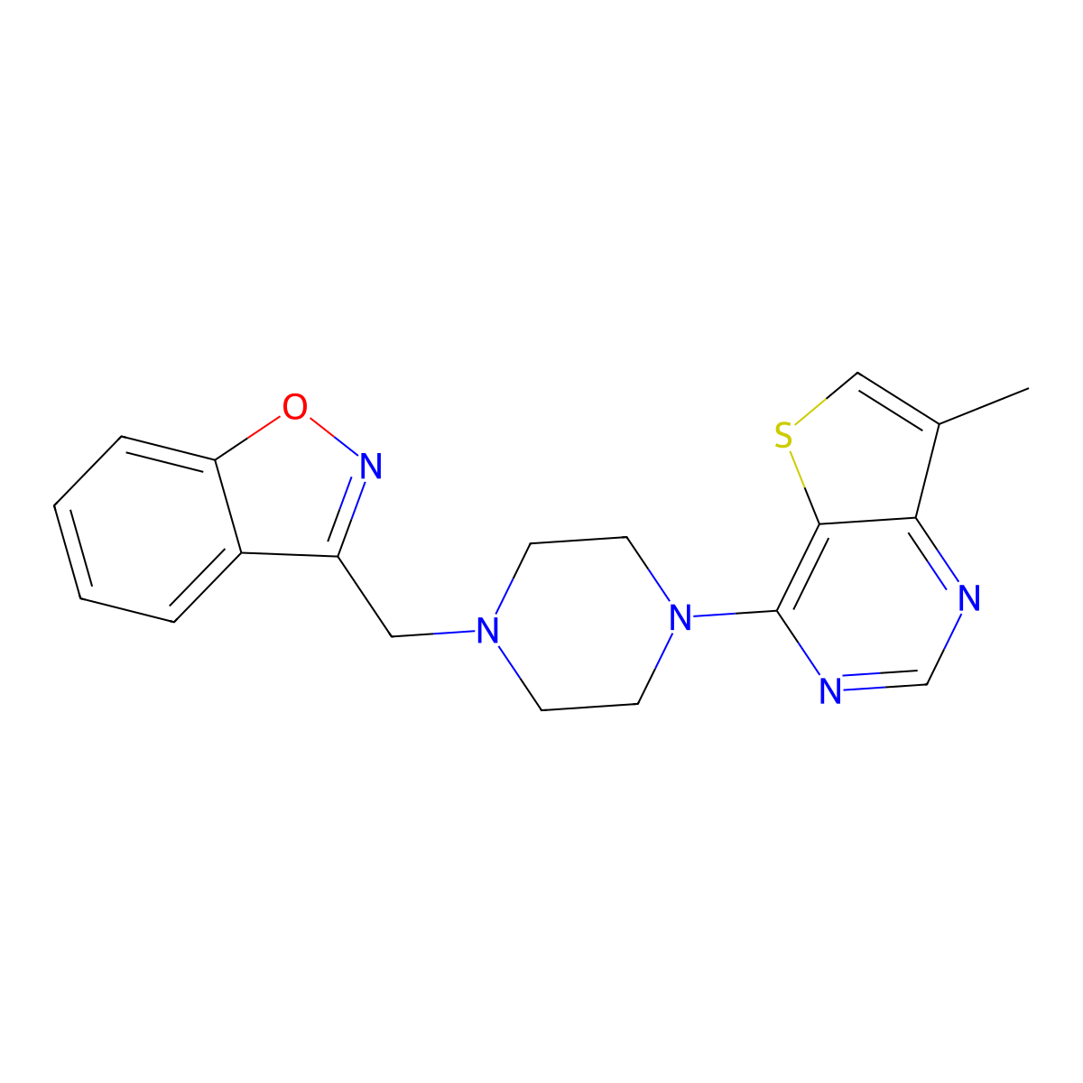 3-[(4-{7-Methylthieno[3,2-d]pyrimidin-4-yl}piperazin-1-yl)methyl]-1,2-benzoxazole molecular structure, CAS 3030823-84-5