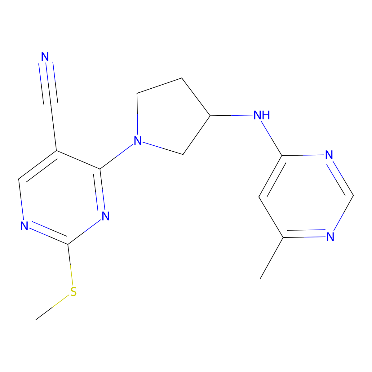 4-{3-[(6-Methylpyrimidin-4-yl)amino]pyrrolidin-1-yl}-2-(methylsulfanyl)pyrimidine-5-carbonitrile molecular structure, CAS 3030824-23-5