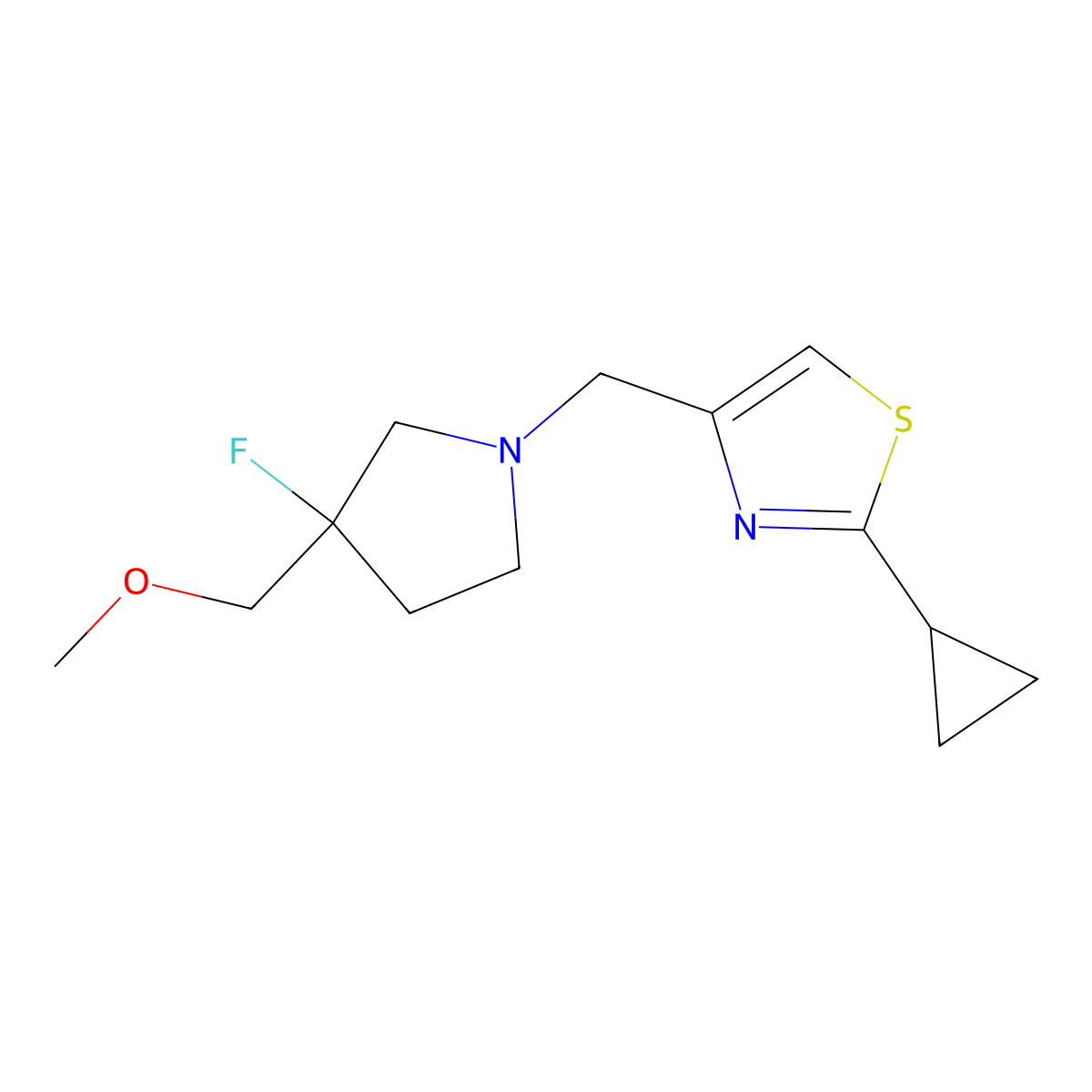 2-Cyclopropyl-4-{[3-fluoro-3-(methoxymethyl)pyrrolidin-1-yl]methyl}-1,3-thiazole molecular structure, CAS 3030824-29-1