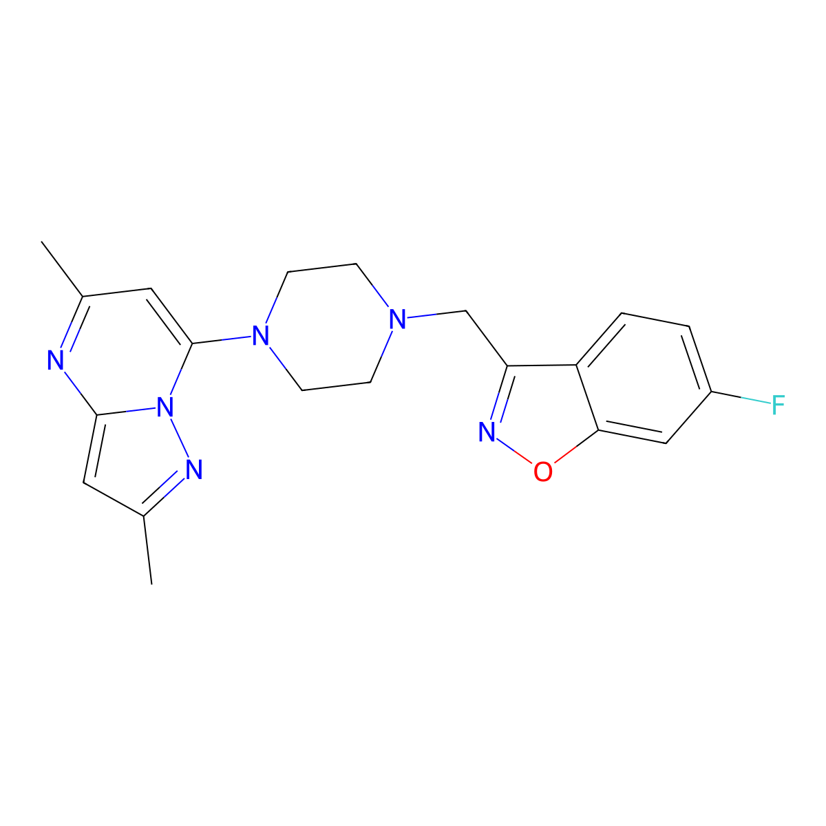 3-[(4-{2,5-Dimethylpyrazolo[1,5-a]pyrimidin-7-yl}piperazin-1-yl)methyl]-6-fluoro-1,2-benzoxazole molecular structure, CAS 3030824-33-7