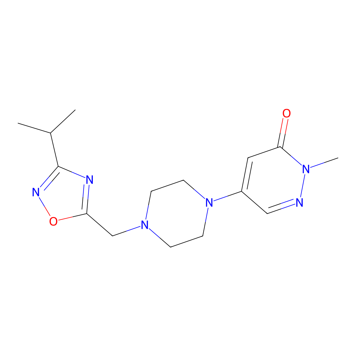 2-Methyl-5-(4-{[3-(propan-2-yl)-1,2,4-oxadiazol-5-yl]methyl}piperazin-1-yl)-2,3-dihydropyridazin-3-one molecular structure, CAS 3030824-35-9
