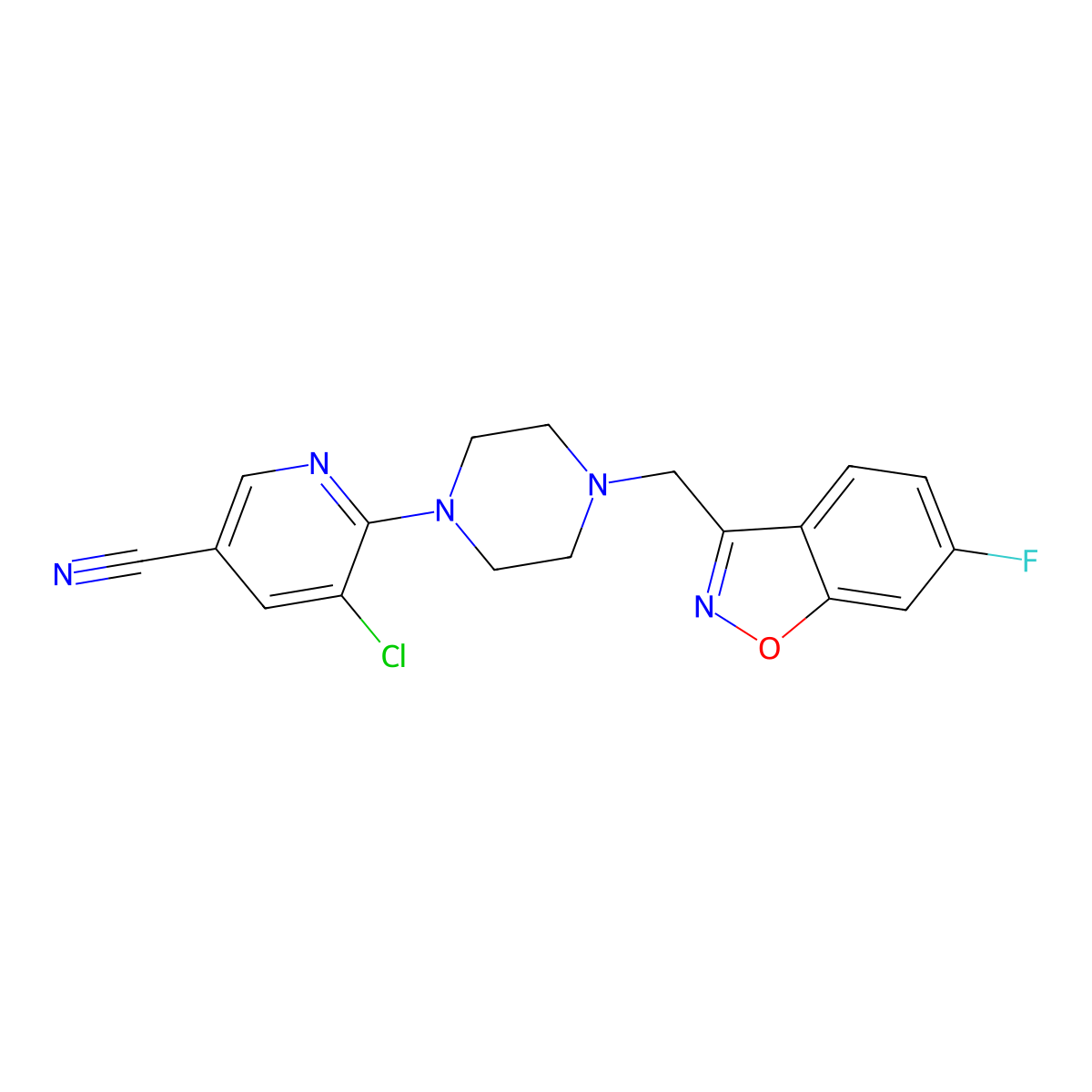 5-Chloro-6-{4-[(6-fluoro-1,2-benzoxazol-3-yl)methyl]piperazin-1-yl}pyridine-3-carbonitrile molecular structure, CAS 3030824-39-3