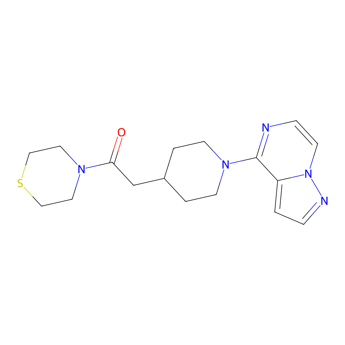 2-(1-{Pyrazolo[1,5-a]pyrazin-4-yl}piperidin-4-yl)-1-(thiomorpholin-4-yl)ethan-1-one molecular structure, CAS 3030824-40-6