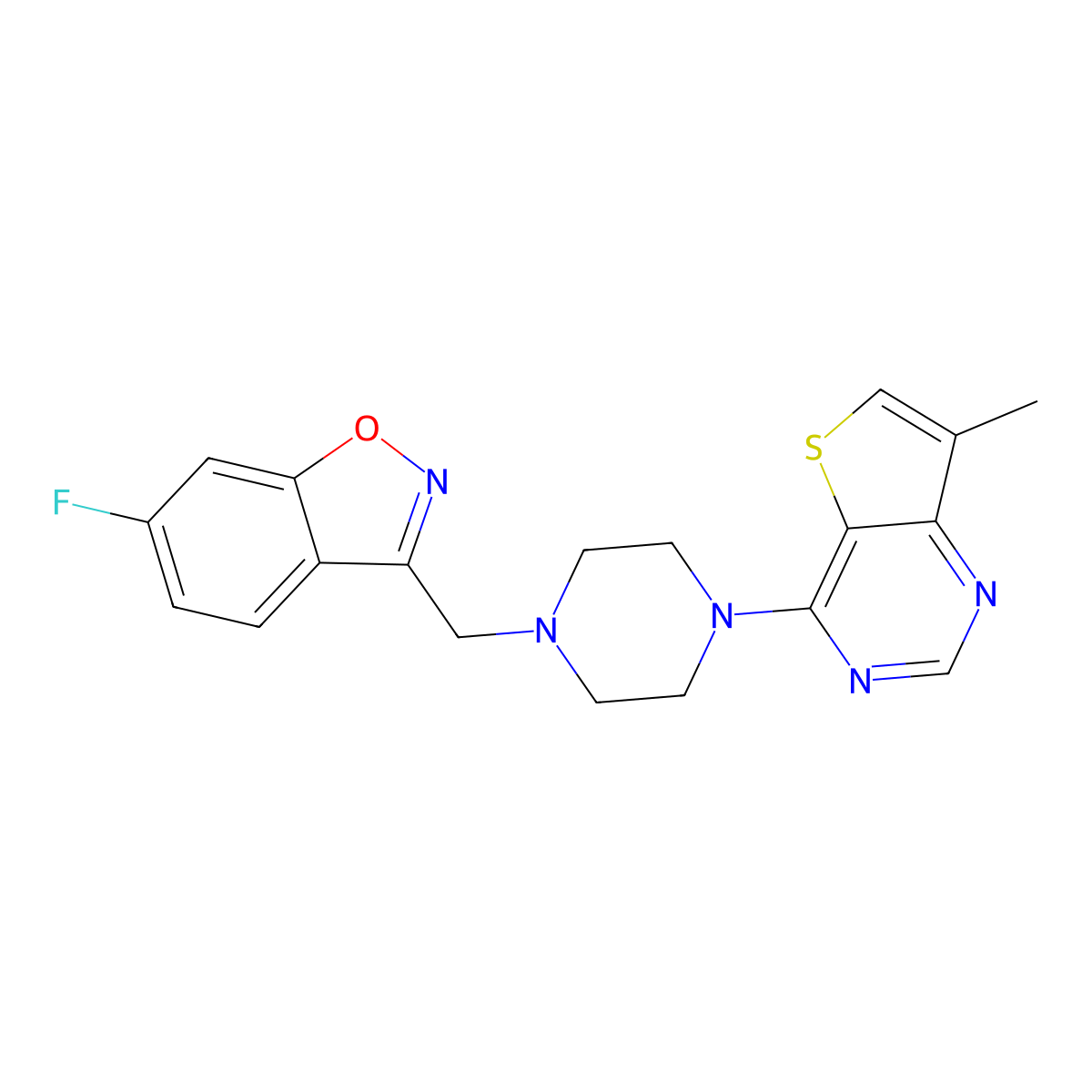 6-Fluoro-3-[(4-{7-methylthieno[3,2-d]pyrimidin-4-yl}piperazin-1-yl)methyl]-1,2-benzoxazole molecular structure, CAS 3030824-44-0
